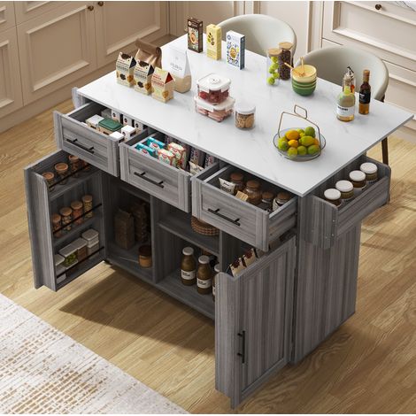 Chariot de cuisine avec plateau rabattable et rangement, gris et blanc effet marbre, 139x46(71)x91,5 cm, sur roulettes, CHICFURN (1/5)