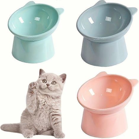 Juego de 3 comederos elevados para gatos, comedero inclinado antiderrame con protección diagonal para el cuello, cuencos de plástico antideslizantes con borde en forma de oreja para gatos. (1/5)