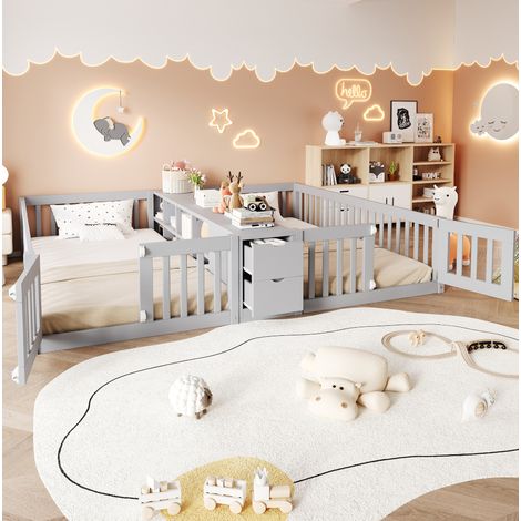 Letto per bambini doppio 90 x 200 cm con contenitore, barriere, grigio, OKWISH (1/5)
