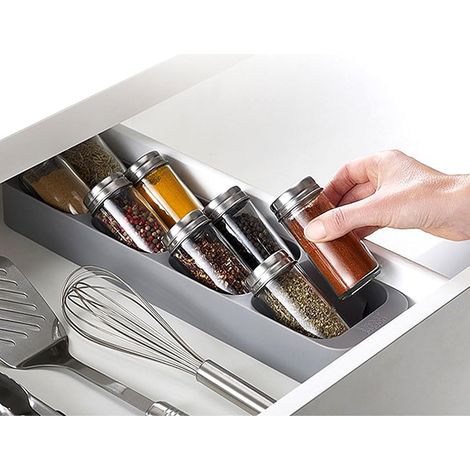 Rangement Epices Tiroir, Plastique Tiroir De Rangement Pour Épices Boîte De Rangement À 8 Compartiments Organisateur De Pots À Épices Support De Pot À Épices Tiroir A Epices Pour Maison Cuisine(Gris) (1/5)