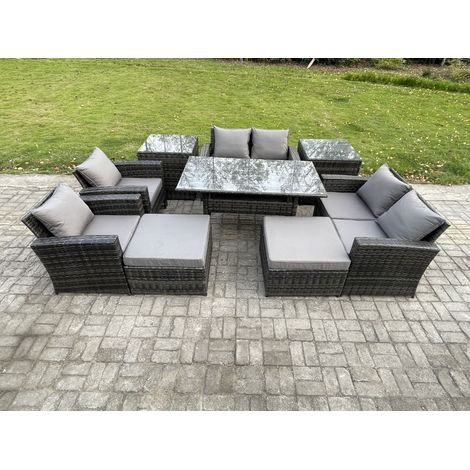 Fimous Polyrattan Gartenlounge Set 9 Stücke Outdoor Gartenmöbel-Set Set mit 2 Großer Hockern 2 Beistelltischen Dunkelgrau gemischt (1/5)