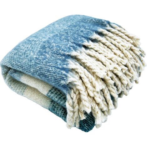 Plaid aspect mohair à franges torsadées Bleu 70x180 cm