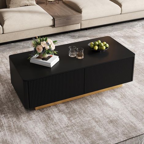 Mesa de centro para salón - 110 x 50 x 35 cm - con 2 cajones y compartimento abierto diseño moderno acanalado mdf madera - negro (1/5)