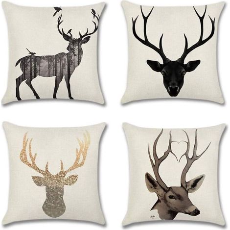Lot de 4 housses de coussin décoratives cerf, housses de coussin en lin polyester, housse de coussin, taie d'oreiller pour canapé, voiture, chambre à coucher, décoration d'intérieur (45 x 45 cm) (1/5)