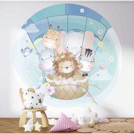 Papier peint rond / cercle Enfants - Montgolfière Animaux - Diamètre 30 cm (1/3)