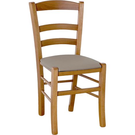 Sedia legno paesana noce chiaro con seduta imbottita similpelle tortora