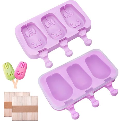 Zweierpack Silikon-Eisformen in Hasenform – BPA-freie Mini-Eisformen mit Stielen, geeignet für Babys und Kleinkinder, leicht zu befüllen und zu entformen.