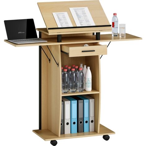 Pupitre pliant avec ailes rabattables, table pour ordinateur portable avec tiroir et étagères en bois chêne (1/5)