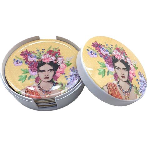 Boite jaune contenant 6 sous-verres Frida Khalo