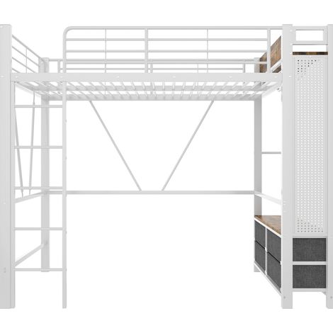 Lit mezzanine 90 x 200 cm en métal et MDF avec rangement LED USB Type-C blanc MODENUIT (1/5)
