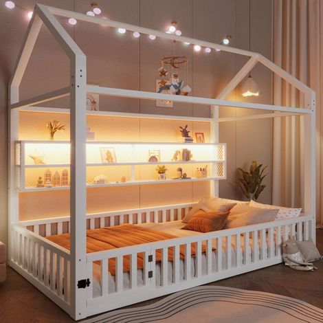 lit enfant 90x200, garde-corps haut lit cabane enfant, structure métal robuste, LED 7 couleurs, univers ludique (1/5)