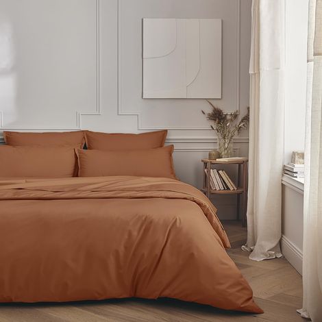 Housse de Couette Unie en Percale de Coton, 200 x 200 cm, Marron Foncé (1/5)