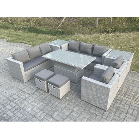 Fimous Salon de Jardin Exterieur Table à manger réglable en hauteur ave canapé 2 Fauteuil 2 Table d'appoint Petit Tabourets Gris Clair (1/5)