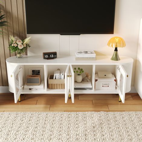 Meuble TV bas avec portes vitrées, rangement pratique pour salon, poignées et pieds dorés, buffet moderne (1/5)