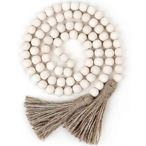 Couronne de perles de bois de 147,32 cm avec franges, style champêtre, décor rustique, perles bohèmes, décoration murale (naturelle) (1/5)