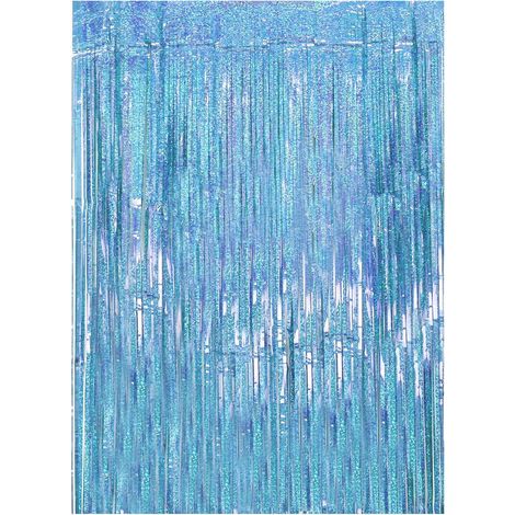 1 Rideau à franges, Aluminium brillant, Décoration fête, 1x2m, Bleu ciel