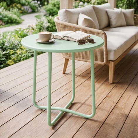 Table Basse Extérieure avec Bord Enroulé. Base en X avec Pieds Réglables en Hauteur. pour Salon Terrasse. Ø48x51cm. Vert