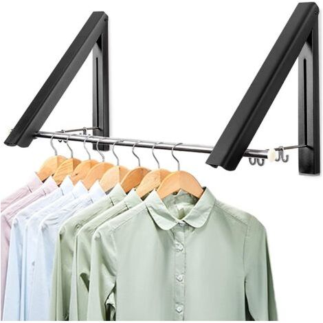 Cintre Pliable Mur 2 Pièces, Aluminium Pliant Clothes Hanger Organisateur avec des Crochets pour Salon, Chambre, Salle de Bains, Balcon, Intérieur, Économie d'espace (Noir) (1/5)