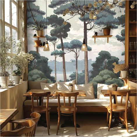 Photo wallpaper wall Profhome 790156 hot embossed non-woven wallpaper slightly textured with forest motif matt blue anthracite grey cream green 1,59 m x 2,8 m (1/4)