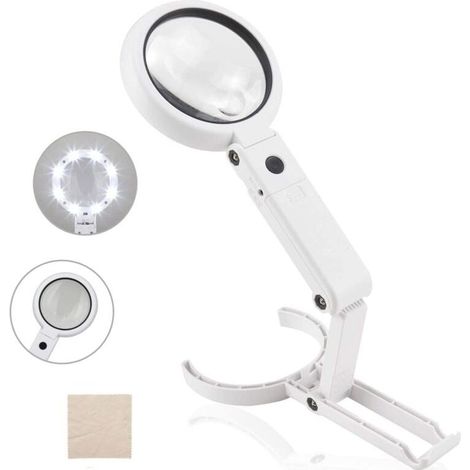 Loupe de poche 5X 11X avec éclairage sur pied et 8 LED, loupe de lecture, loupe de table avec pied pliable, pour lecture, inspection, soudure, bricolage, réparation, Ø 75 mm (1/4)