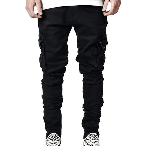 Herren-Cargohose aus Denim, Skinny Jeans, lässige Slim-Fit-Passform – 3XL – Schwarz
