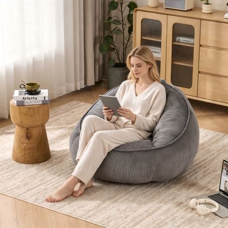 Canapé-Pouf en velours côtelé doux format – Aucun assemblage requis – Adapté coin lecture salon chambre – Design pour adultes – 90×90×59 cm – Gris (1/5)