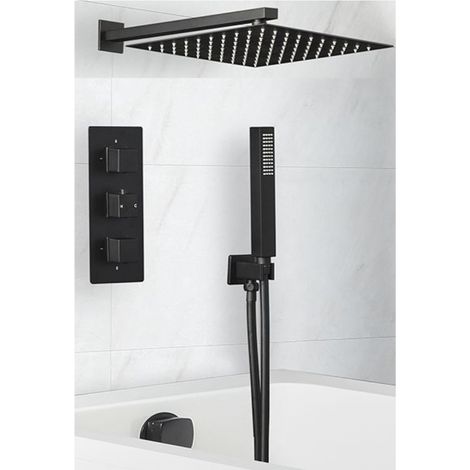 Milano Preto 3 Outlet Triple Diverter Thermostatic Mixer Valve with 300mm Wall Mounted Square Rainfall Shower Head  Hand Shower Handset Kit and Overflow Bath Filler Tap (1/5)