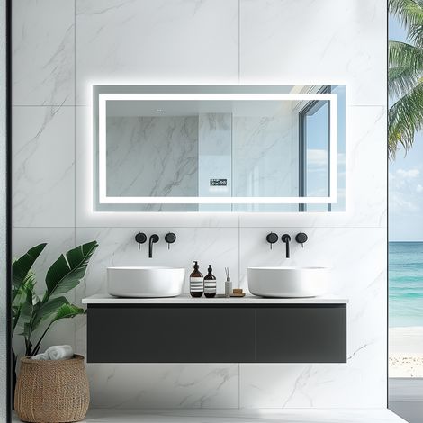 Smart LED Illuminated Fog-free Large Bathroom Mirror with Bluetooth Speakers, Time and Date Digital Display - Rectangular 1200mm x 600mm (1/5)