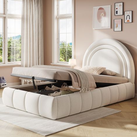 Lit coffre rembourré 90x200 cm - Lit enfant avec tête de lit capitonnée - Tissu velours - Sommier à lattes - Beige (sans matelas)