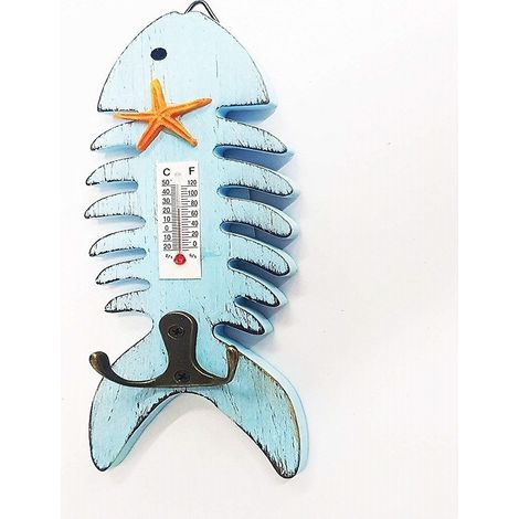 TRADE SHOP - Termometro Analogico Legno Da Parete Pesce Azzurro Doppio Gancio Per Chiavi -