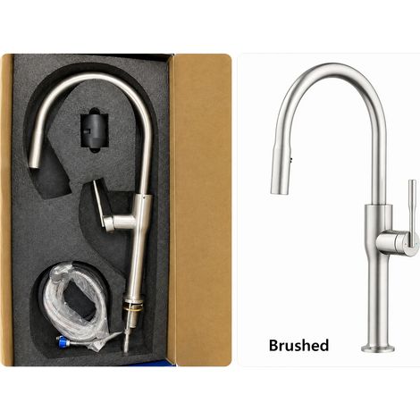 Robinet de cuisine (brossé) mitigeur d'évier à douchette extractible, eau chaude et froide, montage sur plage, robinet à poignée unique (1/5)