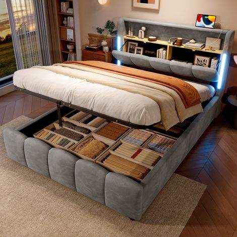 Lit coffre 140x200 cm en velours gris avec LED, tête de lit avec rangement, ports USB/Type-C, sans matelas (1/5)