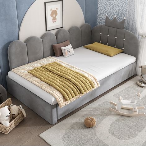 Cama nido infantil con corona y terciopelo gris HAVRYA (1/5)