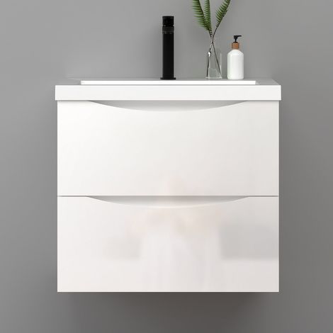 AICA Meuble de salle de bain suspendu Brillant 60cm avec simple lavabo + 2 tiroirs, Blanc