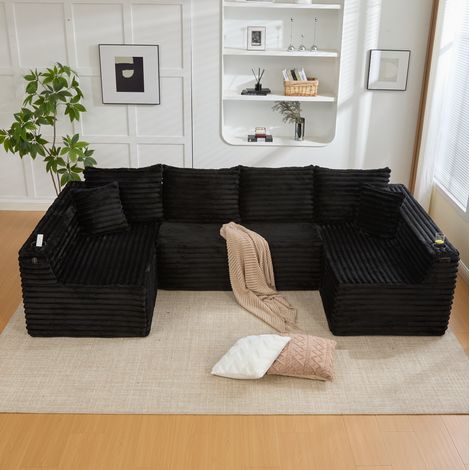 Sofá modular en U 320x155x88 cm de pana negra con portabebidas, bolsillo lateral y 6 cojines (1/5)