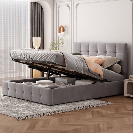 Lit coffre 140/200 cm gris en velours à tête de lit réglable et sommier métallique (1/5)
