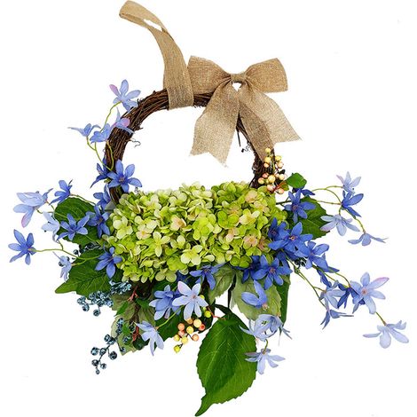 Neuer floraler Türkranz im Frühlingsstil mit grünen Blättern und Hortensien, für die Innendekoration, zum Aufhängen an Tür oder Wand, blaugrün, Außendurchmesser ca. 48 cm. Material: Rattanring + Seide (1/3)