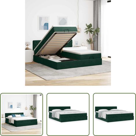 Sommier hydraulique - Cadre de lit ottoman avec matelas vert foncé 200x200 cm velours (1/5)