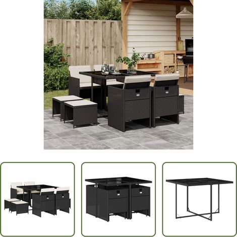 Chaise de jardin - Ensemble à manger de jardin 9pcs coussins noir résine tressée (1/5)