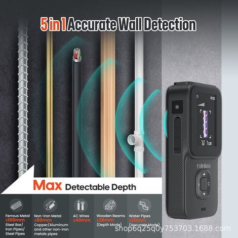 Détecteur mural multifonction haute précision MK-2301 avec laser télémètre, détection de métaux, câbles, bois et tuyaux (1/5)