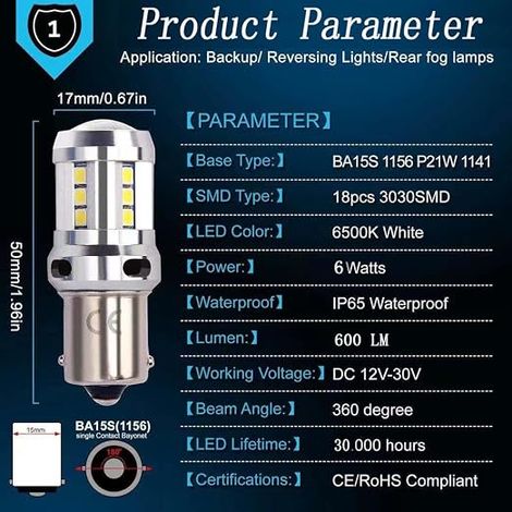 Lampadine LED 1156 Ba15s P21w 12V 24V, 18SMD Bianco 6000K, per Auto, Vettura, RV, DRL Luci diurne, Luce di retromarcia, Retronebbia. (1/4)