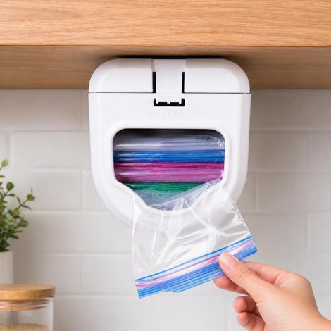 Distributeur de sacs à fermeture à glissière pour sacs de quart, sandwichs et collations  Montage sous armoire ou étagère  Distribution facile de sacs à accès frontal  Solution (1/5)