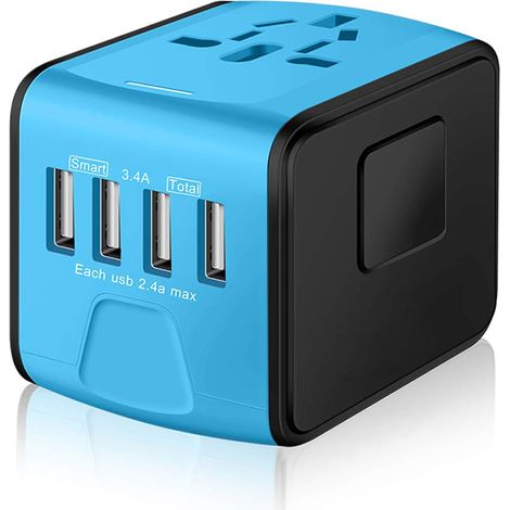 Adaptateur De Voyage Universel - Prises Ac Pour Europe Royaume Uni Etats Unis Australie - Chargeur Murale Usb 4 Ports 2 4 A - Bleu (1/5)