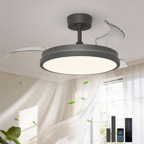 Ganeed 48 Inch Retractable Ceiling Fan with Remote Control, Bladeless Ceiling Fan with LED Lights, Modern Black Silent Chandelier for Bedroom Dining Room Living Room