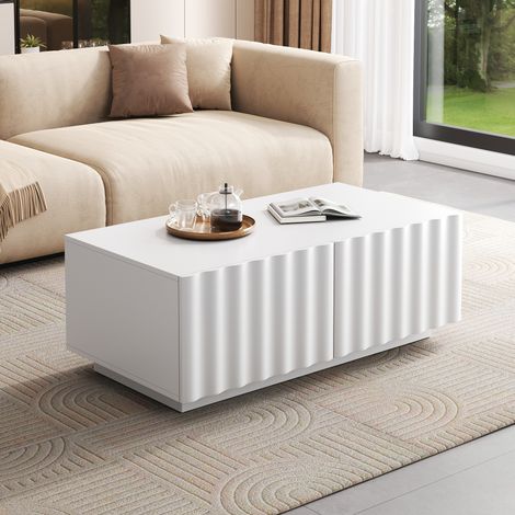 Table basse 100x50x40 cm blanche en MDF et panneaux de particules avec 2 tiroirs et motif ondulé (1/5)