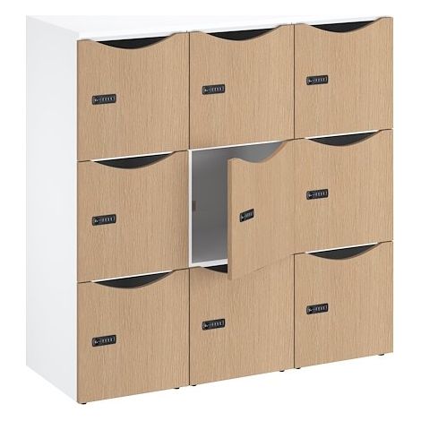 Casier de bureau Lockers 9 cases - Corps blanc, portes chêne clair - H 132,9 cm - Maxiburo