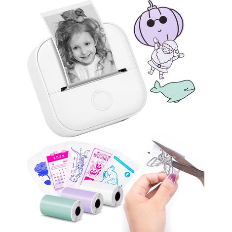 Memoking Mini Imprimante - d'étiquettes T02 Petite Imprimante Portable, Imprimante d'autocollants d'apprentissage, Notes, Images, Photos, Journal, Bricolage, Téléphone Compatible, Tablette, Blanc