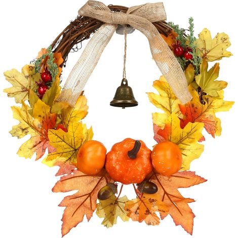Corona de Acción de Gracias, 23 cm, pequeña corona otoñal para puerta con calabaza artificial, hojas de arce, bayas para la cosecha de otoño, Acción de Gracias, decoración para la puerta principal de  (1/5)