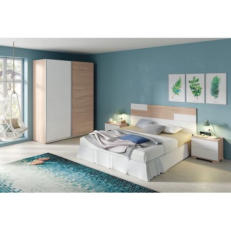 Ensemble de chambre à coucher adulte coloris effet bois / blanc ( Armoire + 2 chevets et tête de lit ) -PEGANE-