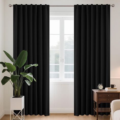 Rideau Occultant Thermique à Pattes Cachées Noir 117x228cm 2 Pièces, Rideaux Thermiques Isolants Anti Foid et Chaleur Anti Bruit Anti UV pour Salon Chambre Balcon (1/5)
